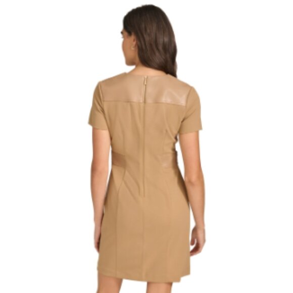 Calvin Klein Women's Faux-Leather-Trim a-Line Dress - Tiger Eye - Picture 3 of 4